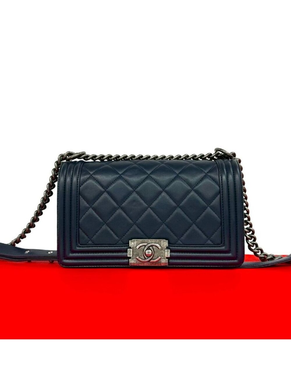 Chanel Boy CC Logo Leather Chain Shoulder Bag Navy